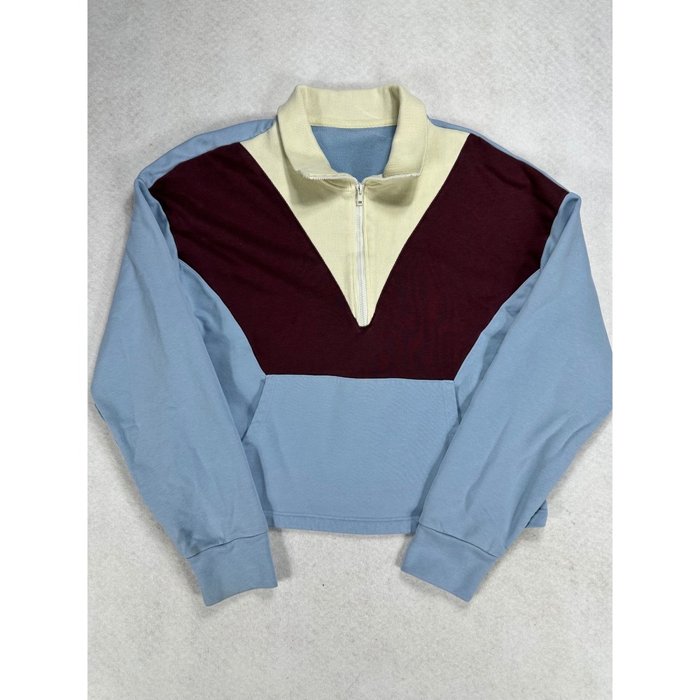 Outdoor Voices Colorblock Quarter Zip Cropped Sweatshirt Blue Maroon Cream Small